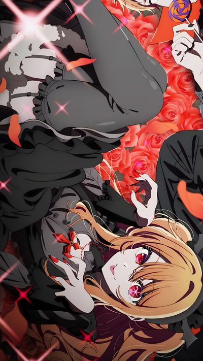 two anime characters standing next to each other in front of red and pink roses with stars Oshi No Ko Halloween Ruby Hd, Ruby 4k, Oshi No Ko Ruby, Oshi No Ko Dark Ruby, dark olive green