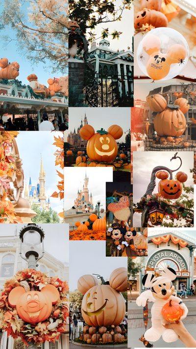 pumpkins and mickey mouse decorations at disneyland Disneyland Halloween Aesthetic Mickey Halloween, Disney World Fall Aesthetic, Disneyland October, rosy brown