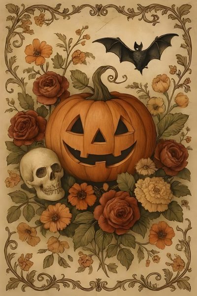 a pumpkin with flowers and a bat on it's head, surrounded by roses Old Fashioned Halloween Vintage Fall Images, Vintage Pumpkin Printable, Vintage Halloween Backgrounds, sienna