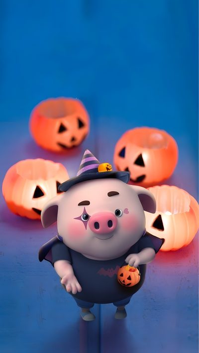 a pig with a witches hat and pumpkins in the background Halloween Pig Halloween Pig Decoration, Piggy Pumpkin, Cartoon Pig, Flying Pig Hd, steel blue