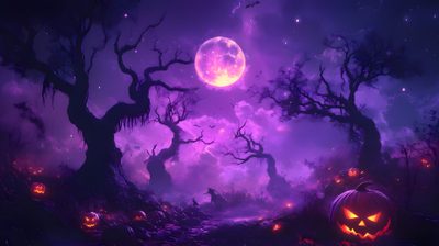 a halloween scene with pumpkins and trees Purple Halloween 4k Spooky Halloween Computer, Halloween For Pc, Aesthetic Background Laptop, midnight blue