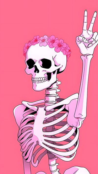 a skeleton with pink flowers on its head holding up the peace sign in front of it Pink Halloween Skeleton Pastel Skeleton Background, Pink Skeleton, Pink Skull Aesthetic, light coral
