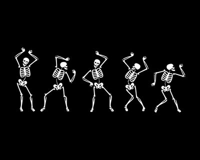 three skeletons dancing in the dark with one skeleton holding up his hand and another standing behind him Halloween Skeleton Party Dancing Halloween, Halloween Dancing Skeleton, 3 Skeletons Dancing, black