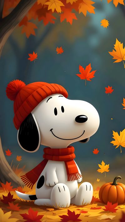 a cartoon dog wearing a red hat and scarf sitting in the fall leaves next to a tree Snoopy Halloween 4k Gifs Snoopy, Images Snoopy, Good Morning Snoopy, dark olive green