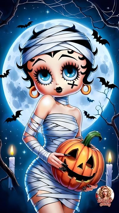 a girl with blue eyes holding a pumpkin in front of a full moon Betty Boop Halloween Betty Boop Halloween, Vintage Halloween Images, Halloween Cute, slate gray