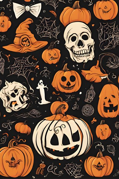 a bunch of pumpkins and skulls on a black background Aesthetic Halloween Elements Helloween, Halloween, Calabazas Halloween, Pumpkin Skeleton, black