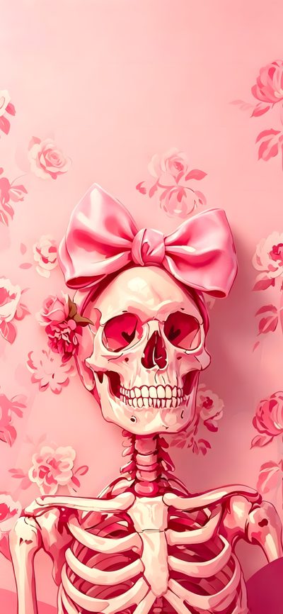 a skeleton with a pink bow on it's head is standing in front of a wall Pink Halloween Skeleton Pink Skeleton, Sassy Skeleton, Sugar Skull, Pink Emo, Iphone Boho,
