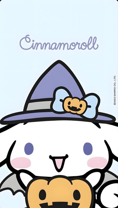 an animal with a hat on it's head and the words cinnamonbell above it Cinnamon Roll Sanrio Halloween Halloween Sanrio Desktop, Cinnamon Roll Sanrio Halloween, Cinnamon Roll Hello Kitty Halloween, alice blue