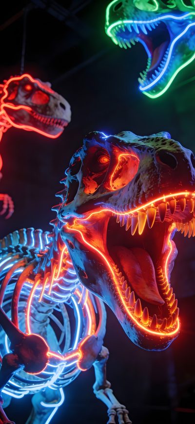 neon dinosaurs are displayed in the dark with their mouths open and teeth wide, all lit up Halloween Dinosaur Hd Dinocore, Cool Dinosaur, Neon Dinosaur, Captain America Art, Cool Dinosaurs, black
