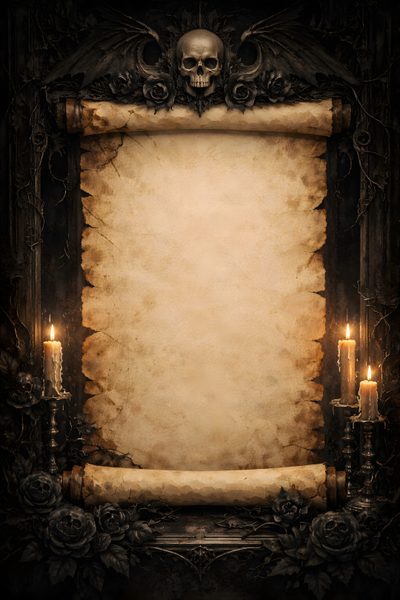 an old scroll with candles and a skull on it Halloween Scroll Scroll Texture Background, Gothic Parchment Background, Halloween Letter Background, dark slate gray