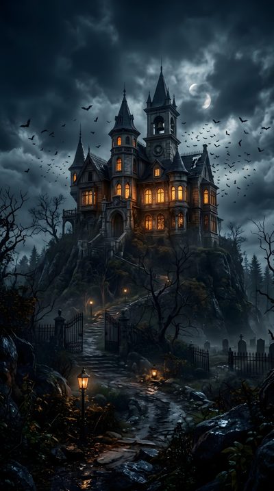a creepy castle lit up at night on a hill Gothic Halloween For Home Halloween Iphone, Halloween Painting, Mystery Books, Hd Backgrounds, black