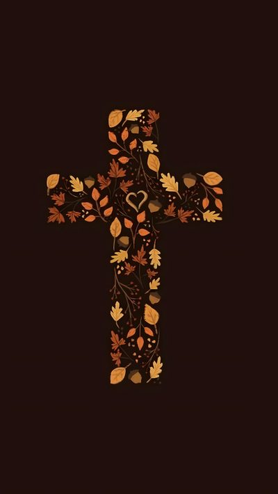 a cross with leaves and hearts on it in the middle of a black wallpaper Halloween Cross November, Autumn Phone, Halloween Iphone Backgrounds, Christian Iphone, Thanksgiving, black