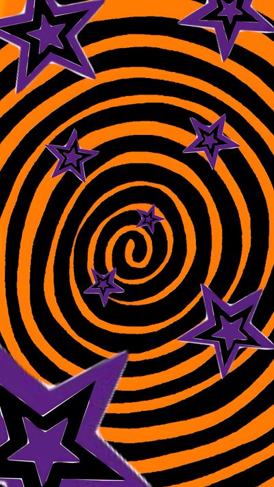 an orange and black spiral with stars in the middle is surrounded by smaller purple stars Halloween Swirls Party Y2k Halloween Background, Halloween Y2k Aesthetic, Black And Orange Star,