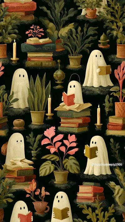 a wallpaper with books, plants and ghost like figures on it's black background Halloween For Home Office Reading Artwork, Teacher, Witch, Halloween Cute, Witchy, dark olive green