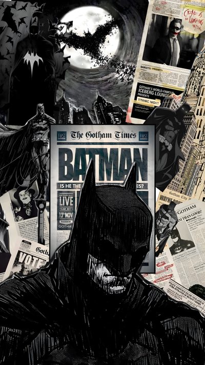 the batman movie poster is surrounded by newspaper pages Batman Halloween Iphone Cold, Batman Pics, Batman Phone, Batman Iphone Hd, Background Batman, dark slate gray
