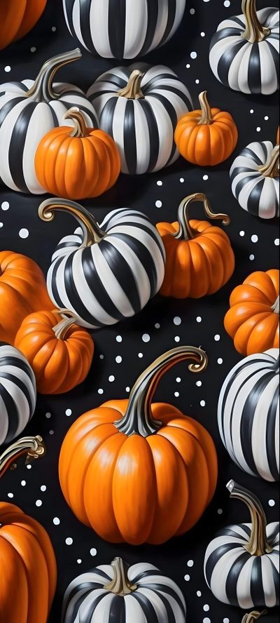 pumpkins painted on black and white striped fabric Halloween Pumpkins Non Traditional Pumpkins Background, Black Pumpkin, Seasonal Iphone, saddle brown