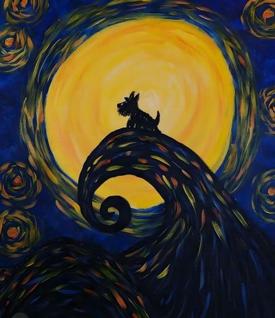 a painting of a dog sitting on top of a wave in the sky with stars Halloween Scottish Terrier Scottie Puppies, Schnauzer Art, Mini Schnauzer, Cairn Terrier, dark slate gray