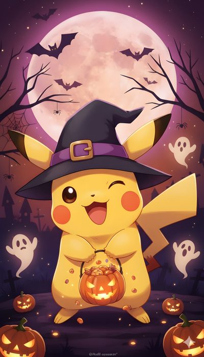 pikachu in a witches hat with pumpkins on the ground and bats flying around Pikachu Halloween Halloween Pokémon, Cute Cute Halloween Pokemon, Pikachu Halloween, sienna