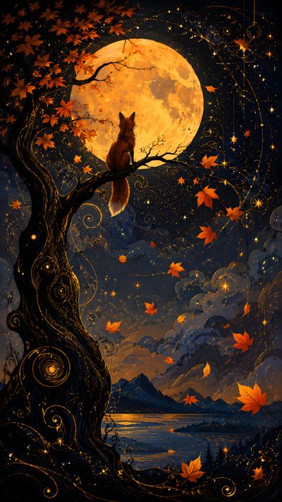 a painting of a fox sitting on a tree branch with the moon in the background Halloween Forest Animals Paper Art, Wall, black
