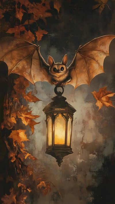 a painting of a bat hanging from a lantern Halloween Forest Animals Bat Pictures Halloween, Halloween Bat Picture, Creepy Bats, dark olive green
