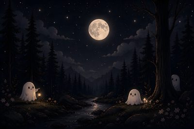 two ghost are sitting in the woods at night Halloween Laptop Ghost Dark Backgrounds For Computer, Macbook Desktop Aesthetic Dark, Ghost Pc, black