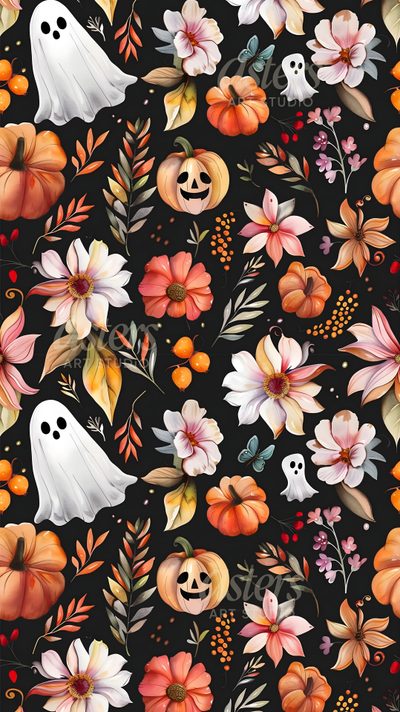 a black background with flowers, pumpkins and ghost faces Halloween Flowers Free Halloween Costumes, Halloween Pin Up, Halloween Borders, saddle brown