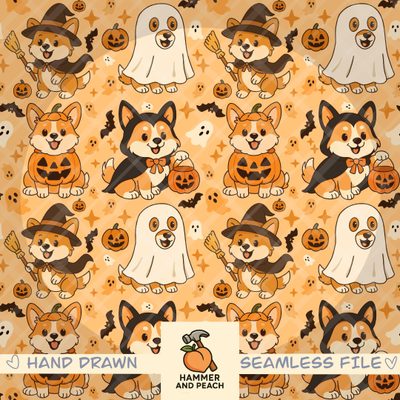an orange and white halloween themed background with corgi, pumpkins, and ghost dogs Halloween Corgi Pattern Seamless Fall Repeat Pattern File, Halloween Projects, Costume Patterns, burlywood