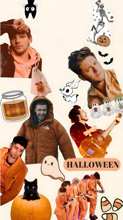 a collage of halloween pictures with pumpkins, cats and other things on it One Direction Halloween One Direction, Fall Background, Halloween, burlywood