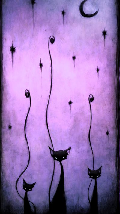 two cats are standing in front of a purple background with stars and crescents on it Feline Halloween - Black On Lavender Cat And Fairy, Light Lavender, Vintage Gothic, Whimsygoth, medium purple