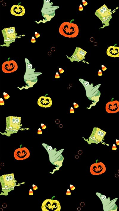 a black background with green and orange halloween pumpkins, jack - o'- lanternes, and ghost faces Spongebob Halloween Spongebob Thanksgiving, Spongebob Thanksgiving Background, Fall Spongebob, black