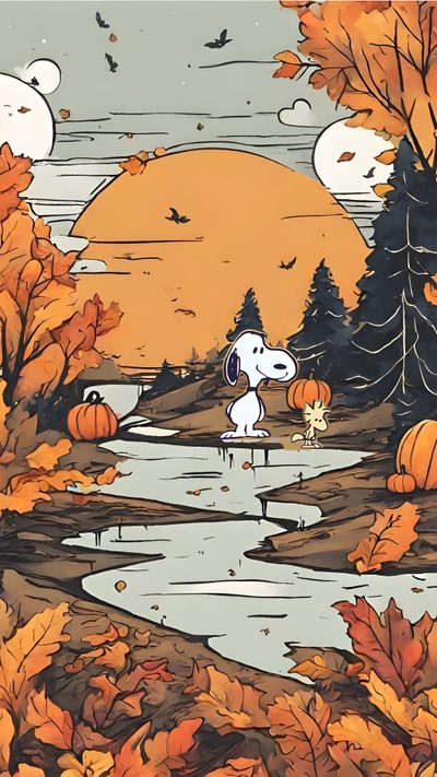 a painting of a dog with pumpkins on the ground and trees in the background Woodstock Halloween Autumn Landscape With Pumpkins And Moon, Autumn Night Art, Cozy Fall Inspiration, peru