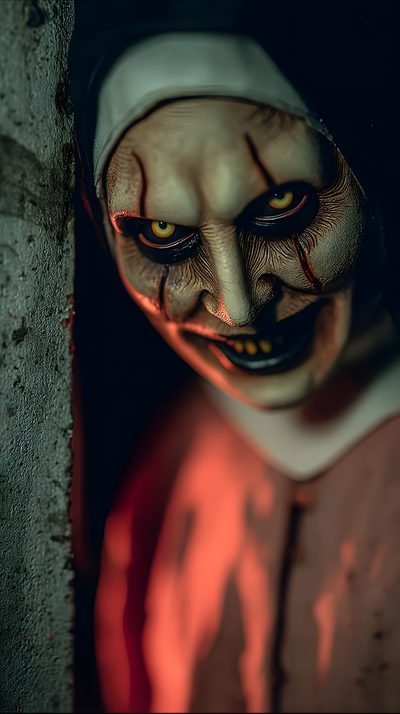 a creepy clown with yellow eyes peeking out from behind a wall Halloween Face Valak, Annabelle Horror, Annabelle Horror Doll, Valak Hd, Horror Scary, dark slate gray