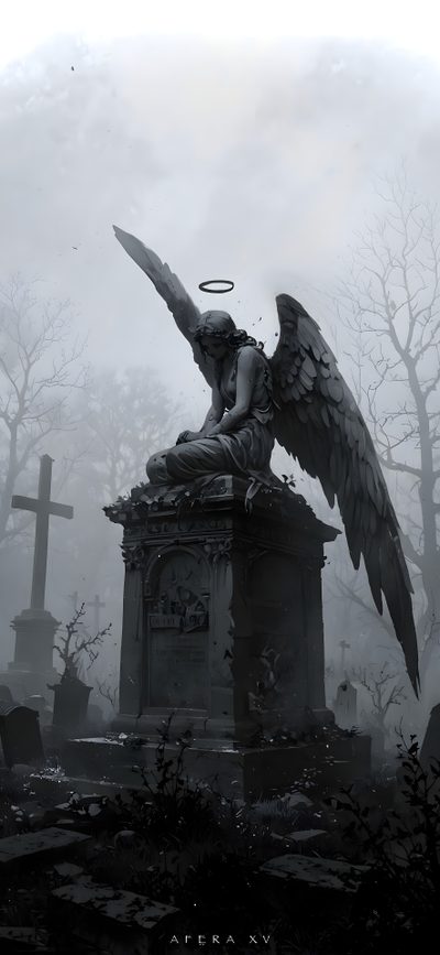 an angel statue sitting on top of a grave surrounded by trees and tombstones in the fog Halloween Angel Angel In Graveyard, Angel Iphone, Fondos De Pantalla Aesthetic Oscuros, Angel Statue, gray