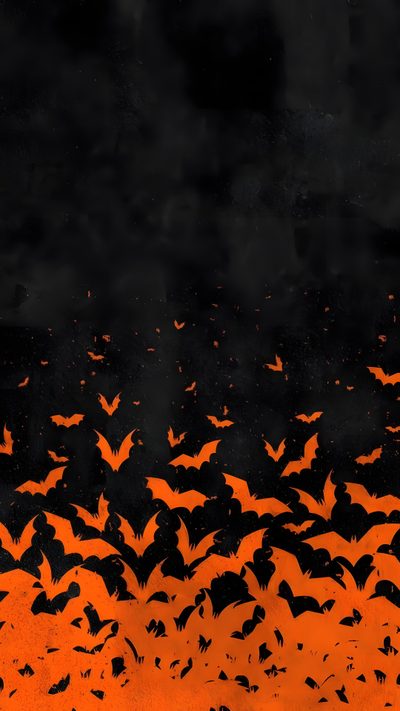 a flock of bats flying in the night sky with orange and black colors on it Halloween Bat Silhouettes Retro Halloween Simple, Halloween Splatter Background, Halloween Bats, black