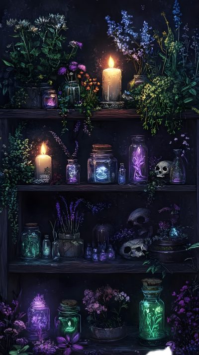 a shelf filled with lots of plants and candles Halloween Plant Witchy Home Screen, Witch House Background Aesthetic, Alchemist Library, black