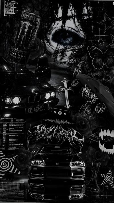 a black and white photo with lots of stickers on the side of a car Iphone Edgy Aesthetic Halloween Edgy Backgrounds, Dark Emo, Aesthetic Black And White, Black Car,