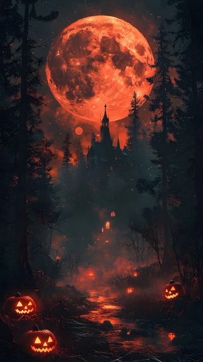 an image of halloween pumpkins in the woods with a castle and full moon behind them Ios 16 Iphone Halloween Halloween Iphone, Halloween Phone Backgrounds, Halloween Moon, dark slate gray