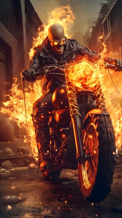 a man riding on the back of a motorcycle in front of a bunch of fire Halloween Motorcycle Ghost Rider Hd, The Ghost Rider, Ghost Rider 4k, Gost 4k Ultra Hd, saddle brown