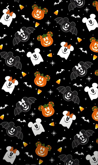 mickey mouse halloween pattern with bats, pumpkins and ghost heads on a black background Mickey Mouse Halloween Mickey Pumpkin, Halloween Disney, Disney Halloween Aesthetic, Disney Fall Iphone, black