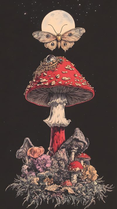 a mushroom with moths on it sitting in the middle of a field under a full moon Halloween Moth Psychedelic Animal Art, Mushroom Background Aesthetic, Moths And Mushrooms, dark slate gray