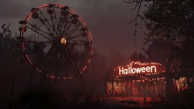 an amusement park at night with lights on the ferris wheel and halloween sign lit up Halloween 2018 4k Fond D Ecran, Free Download, Halloween, black