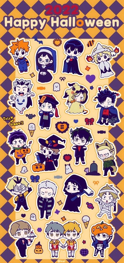 halloween stickers are arranged on a yellow background Haikyuu Halloween Haikyuu Halloween, Haikyuu Halloween Icons, Halloween Haikyuu, Haikyu Halloween, sandy brown