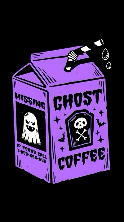 a purple box with a ghost on it Vaporwave Halloween Ghost Coffee Carton Illustration, Halloween Party Decoration Ideas, Halloween Themed Coffee Design, black