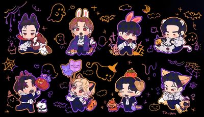 some cute little anime stickers that are on a black background with purple and orange colors Stray Kids Halloween Laptop Kpop Demon Hunters Bookmark, Straykids Fanart Ot8, K-pop Demon Hunters Doodles, black
