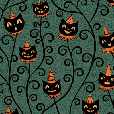 an image of halloween wallpaper with cats and pumpkins Johanna Parker Halloween Vintage Halloween Pattern, Vintage Spooky Patterns, Vintage Halloween Pattern Design, dark slate gray