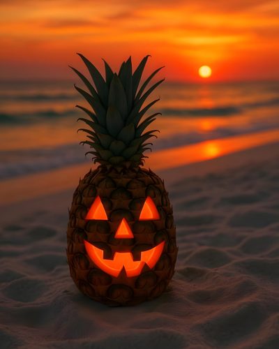 a pineapple carved to look like a jack - o'- lantern on the beach Halloween Tropical Life Size Witch, Pumpkin Table Decorations, Garden Party Supplies, dark olive green