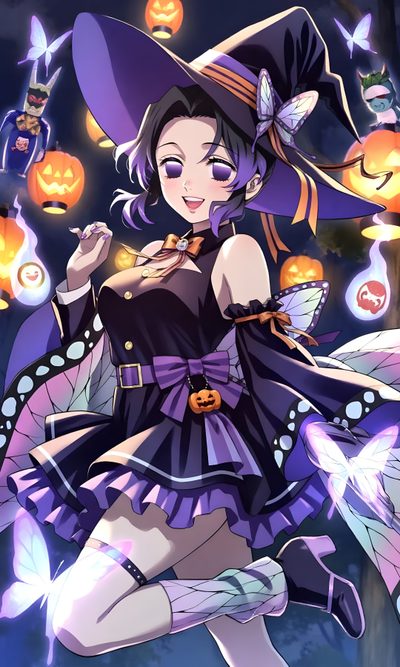 a woman dressed as a witch flying through the air Demon Slayer Halloween Shinobu Halloween 2023, Kocho Shinobu Halloween, Halloween Anime Demon Slayer, dark slate blue