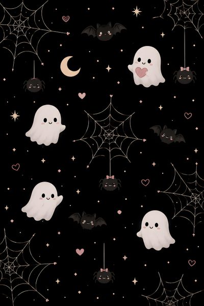 a black background with white ghost and bats Black Cute Halloween Phone Halloween Aesthetic, Halloween Kawaii, Cute Halloween, Small Doodle,