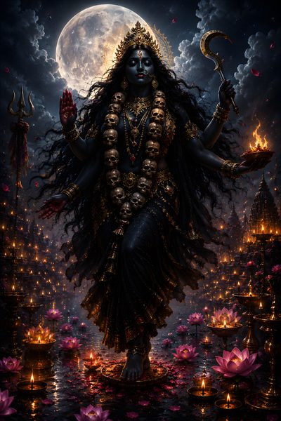the hindu god is standing in front of a full moon and surrounded by water lilies Halloween Kali 2 Chandika Devi, Room Paint Designs, Kali Hindu, Kali Ma, Goddess Kali Images, Kali Mata, black