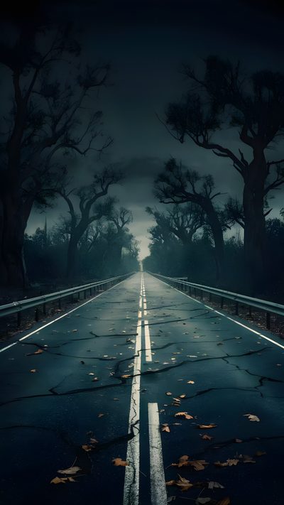 an empty road with trees and leaves on the side in the middle of the night Halloween Road Horror Road Background, Forest Road, Dark Forest, Ghost, Forest, Road, black